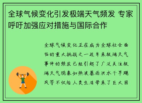 全球气候变化引发极端天气频发 专家呼吁加强应对措施与国际合作